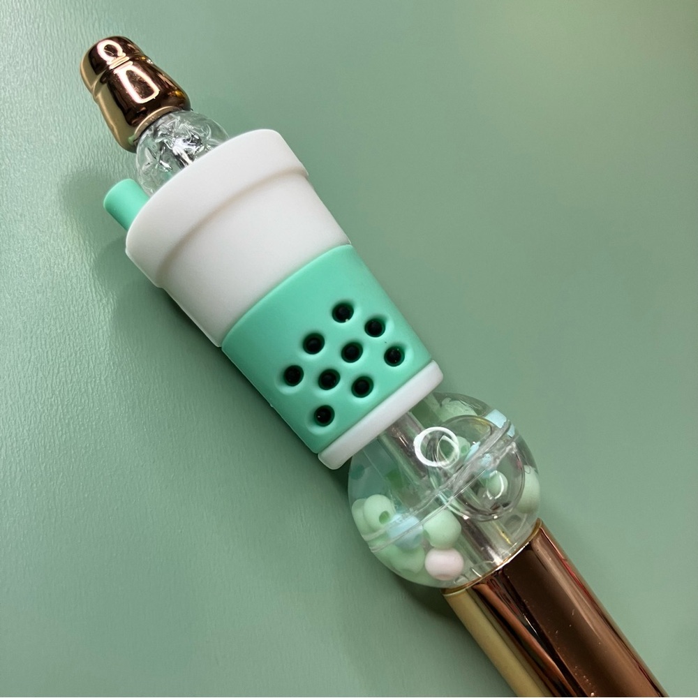 Green & White Boba Tea Handmade Beaded Pen - Picture 2 of 6